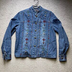 New Directions Embroidered Button-Up Denim Blue Jean Jacket Womens size small
